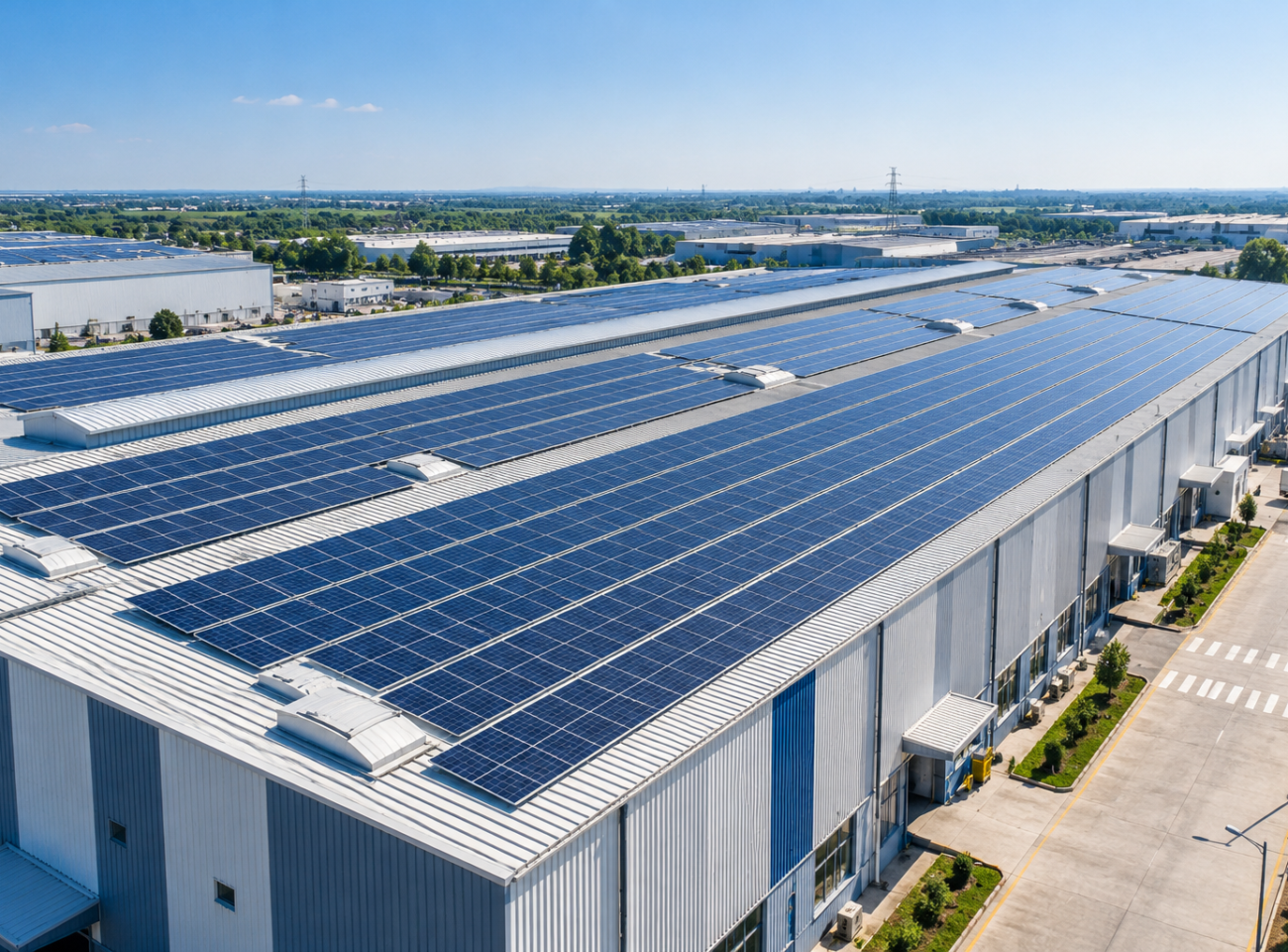 Industrial rooftop solar panels installed on a modern commercial building