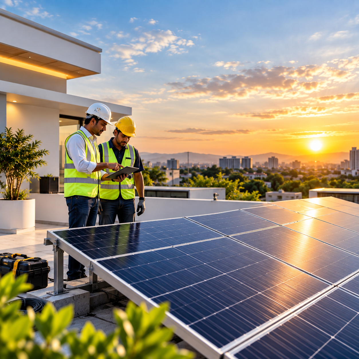 Solar technicians inspecting rooftop solar panels on a modern building