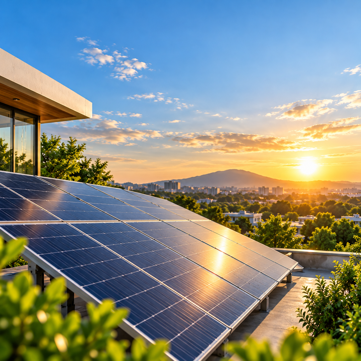 Rooftop solar panels generating clean energy for a modern home at sunset