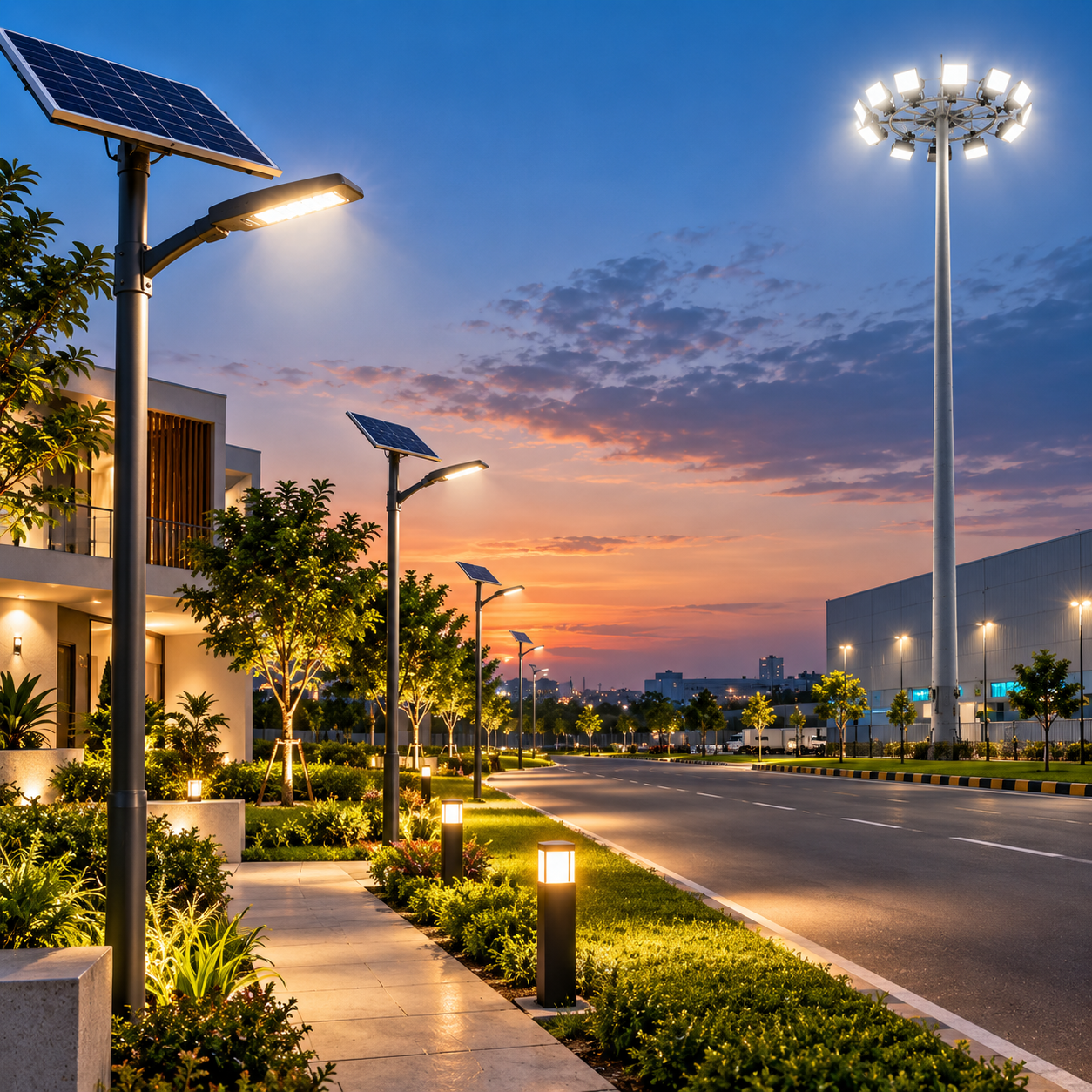 Solar garden lighting and high mast lighting illuminating a modern outdoor area