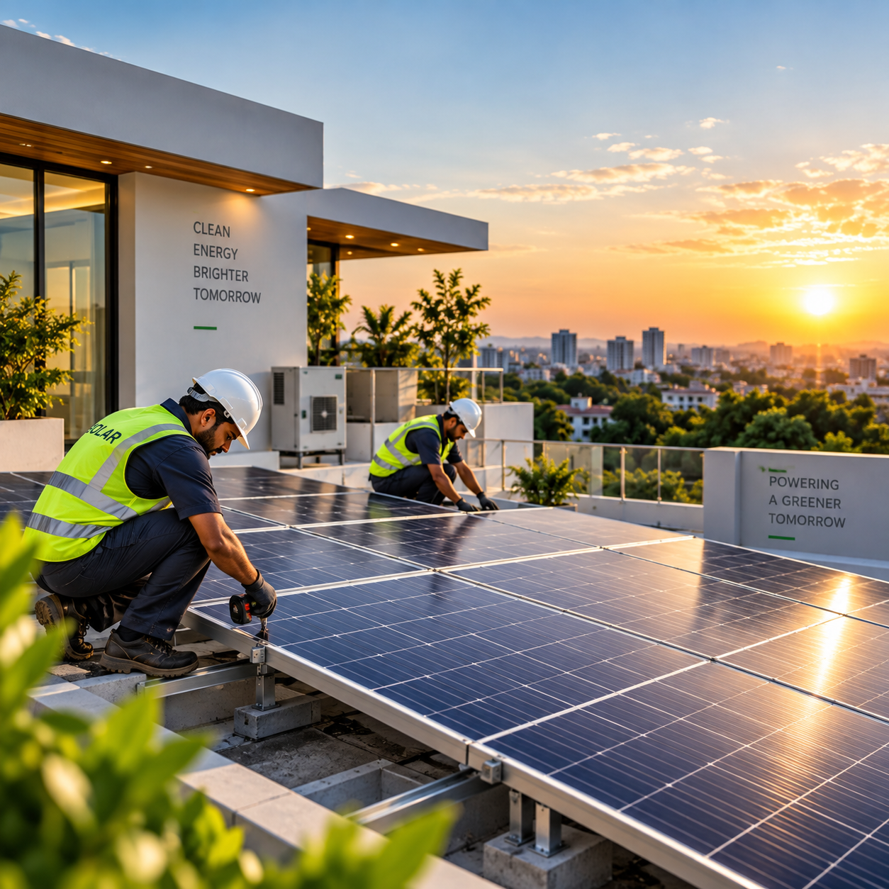 Solar installation professionals installing rooftop solar panels on a modern building