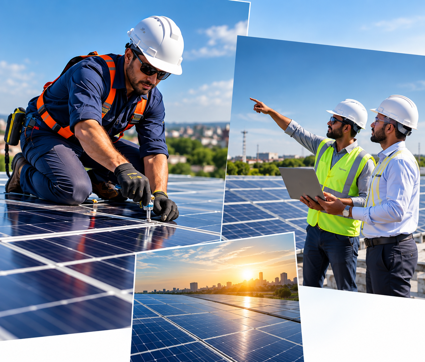 Professional solar panel installation team working on rooftop solar systems
